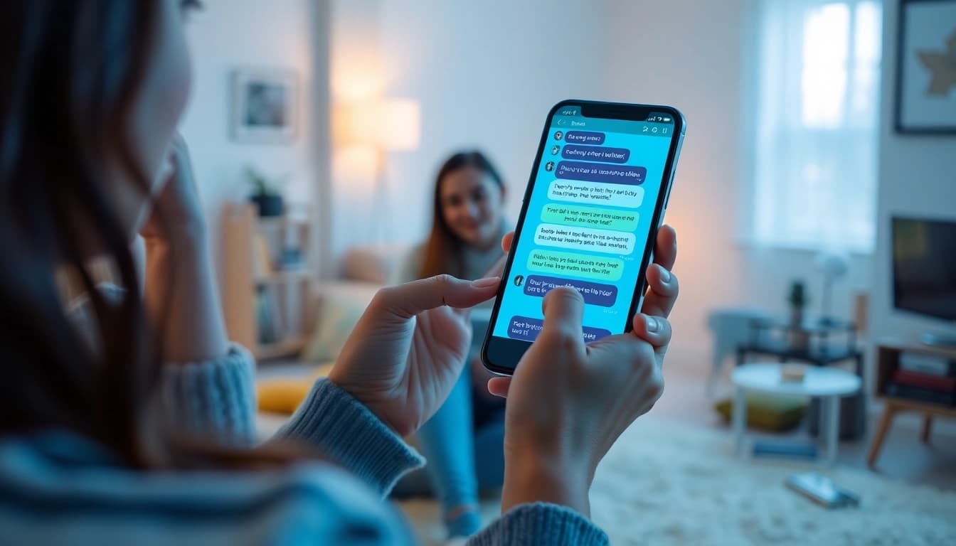 Engaging interaction showcasing sexting ai on a smartphone in a cozy digital environment.