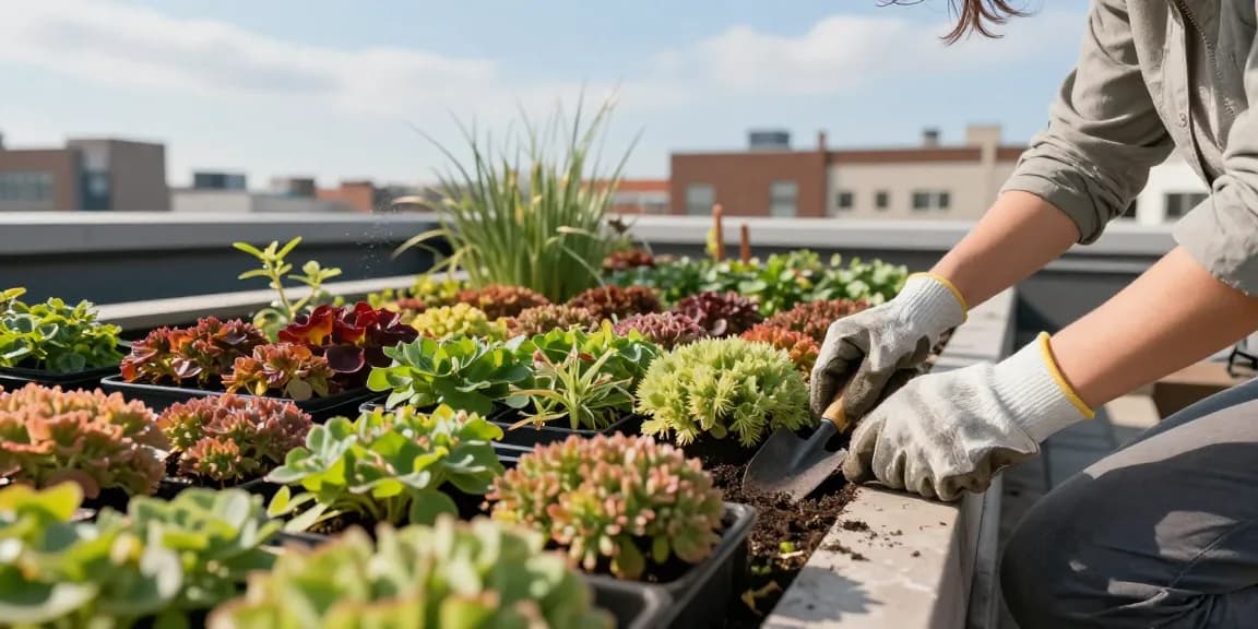 Vibrante daktuin scène wanneer sedum op groen dak te planten voor optimale groei
