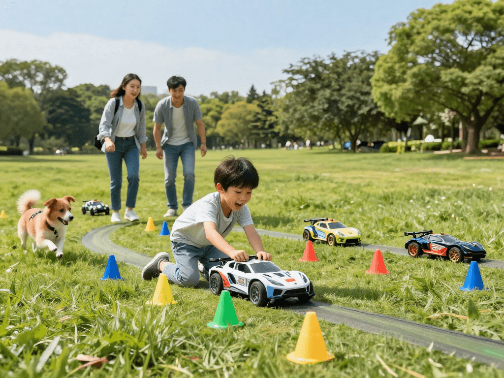 Family enjoys a racing experience with remote control toys from https://bestrc.org in a sunny park setting.