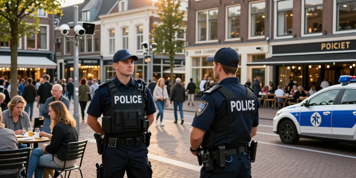 Security guard monitoring vibrant Den Haag city square, enhancing beveiliging den haag.