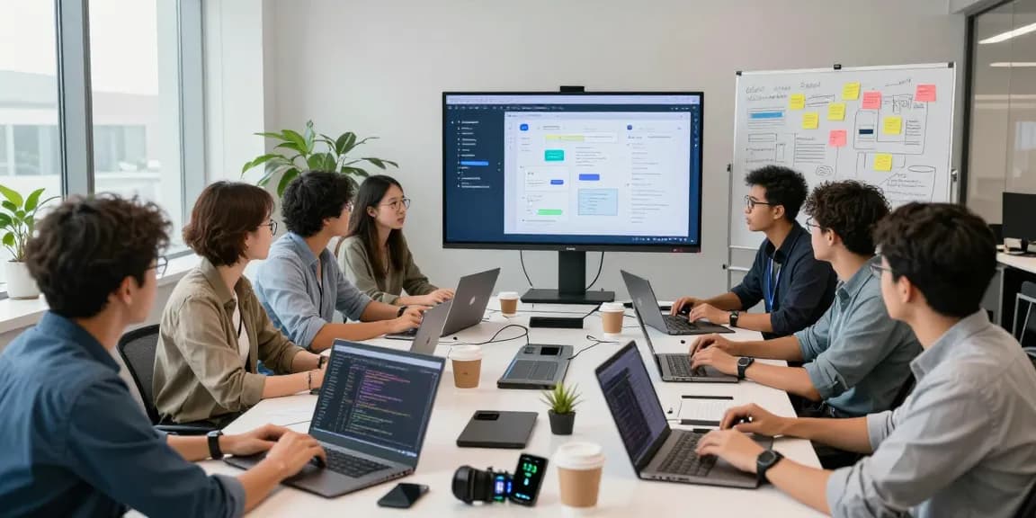 Build internal tools with AI in a vibrant collaborative workspace with diverse professionals and technology.