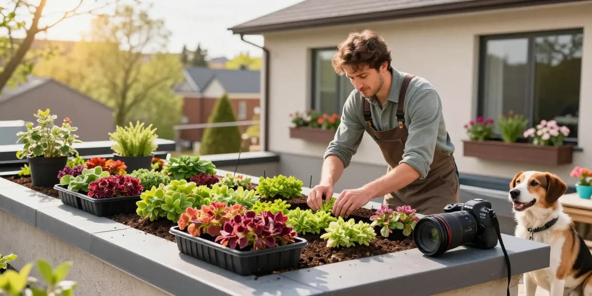 Een levendig thuis tuin scène met een sedumdak installatie, waarop te zien is wanneer sedumdak aanleggen in het voorjaar.
