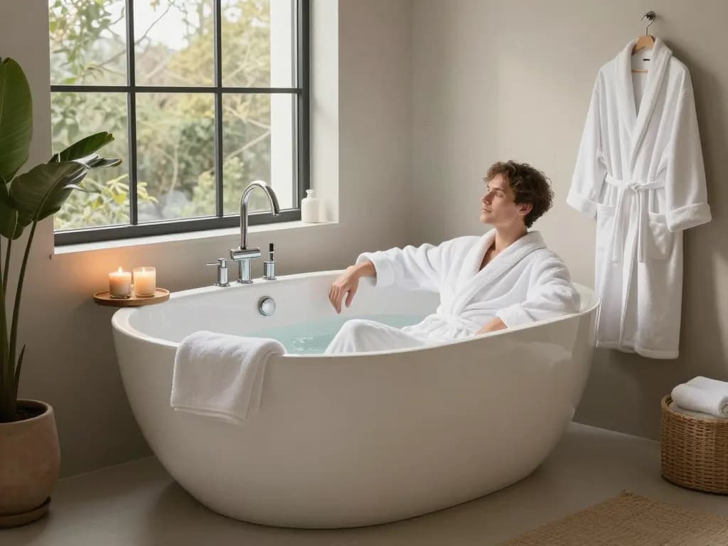 Ontspannende scène van een zitbad met afvoer in een stijlvolle badkamer met natuurlijk licht, luxe handdoeken en planten.