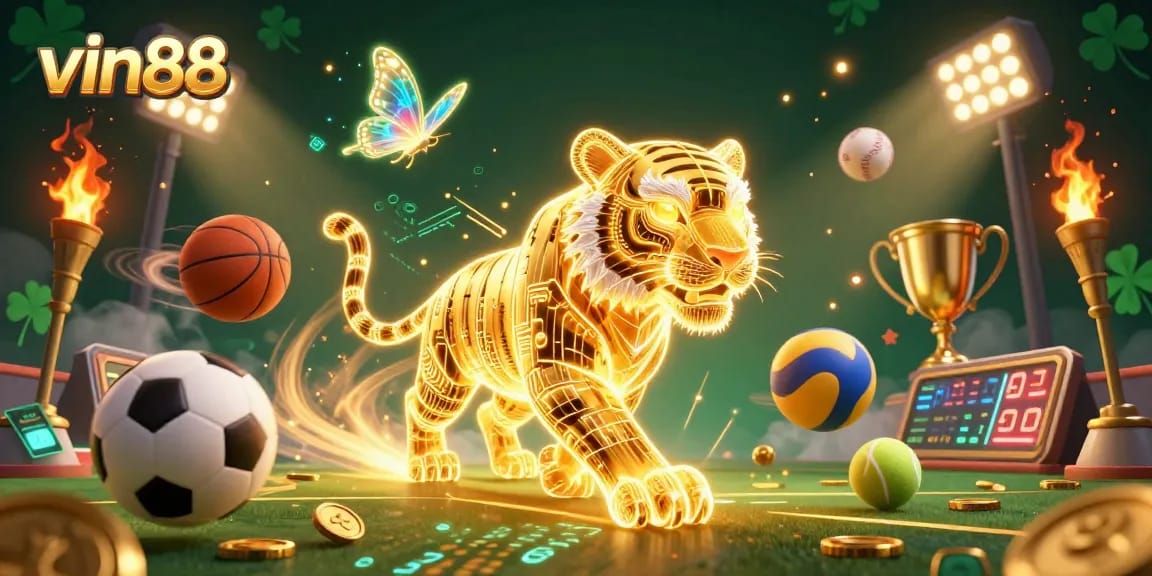 Experience high-energy sports betting action with vin88 in this vibrant casino landscape illustration.