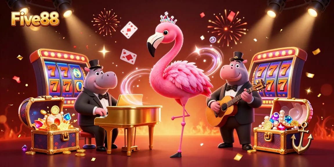 Engage with Five88's vibrant online casino experience featuring colorful gaming elements and animated characters.