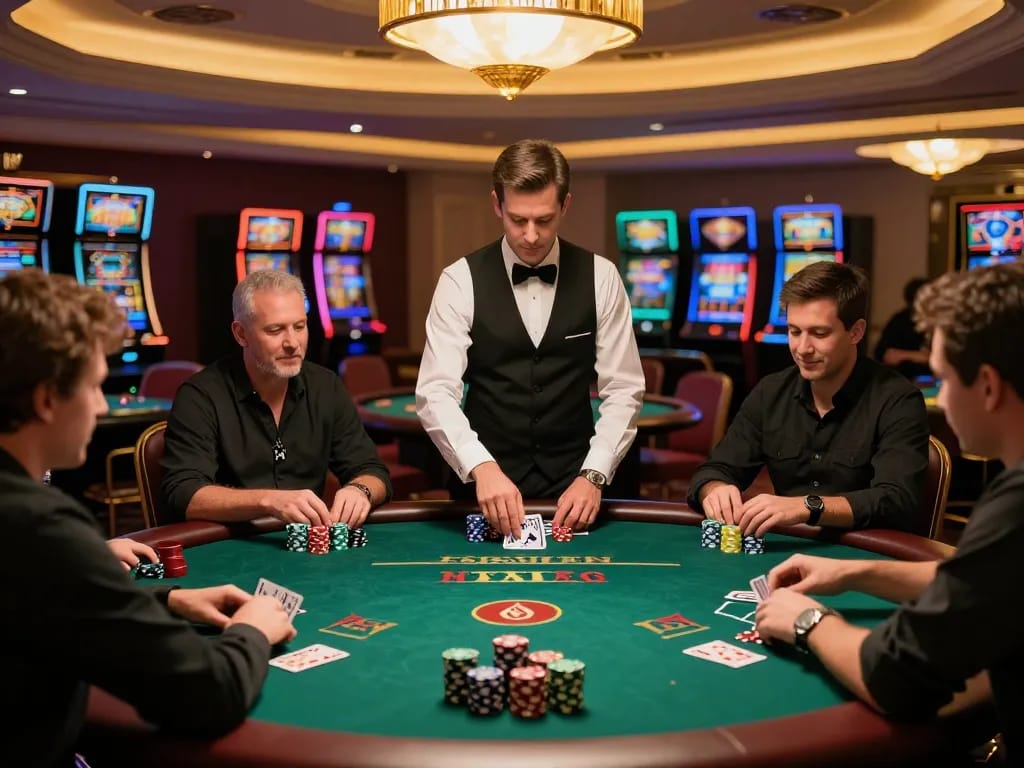 Players enjoying an intense poker game at Fabet com's high-end casino
