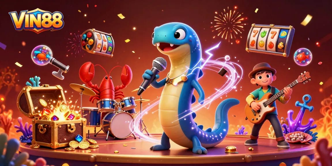 Experience the excitement of VIN88 with a vibrant underwater casino scene featuring an electric eel DJ.