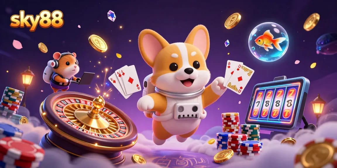 Sky88 astronauts and casino elements floating in 3D space, exploring thrilling online gambling adventures.