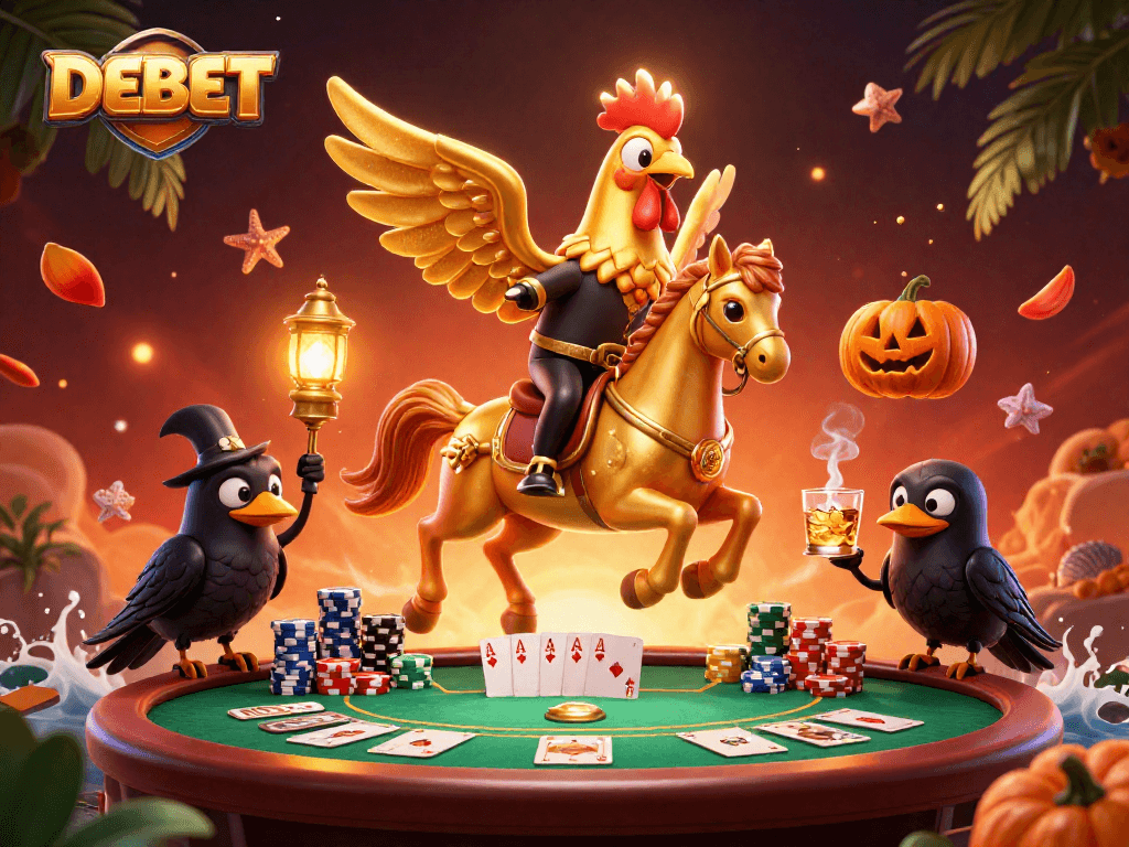 Experience DEBET action in a vibrant casino scene with a golden rooster and poker elements.