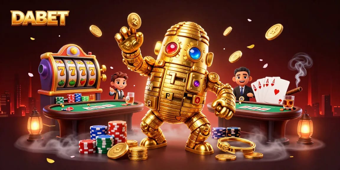 DABET golem with slot machine symbols in a vibrant casino scene surrounded by dynamic gaming elements.
