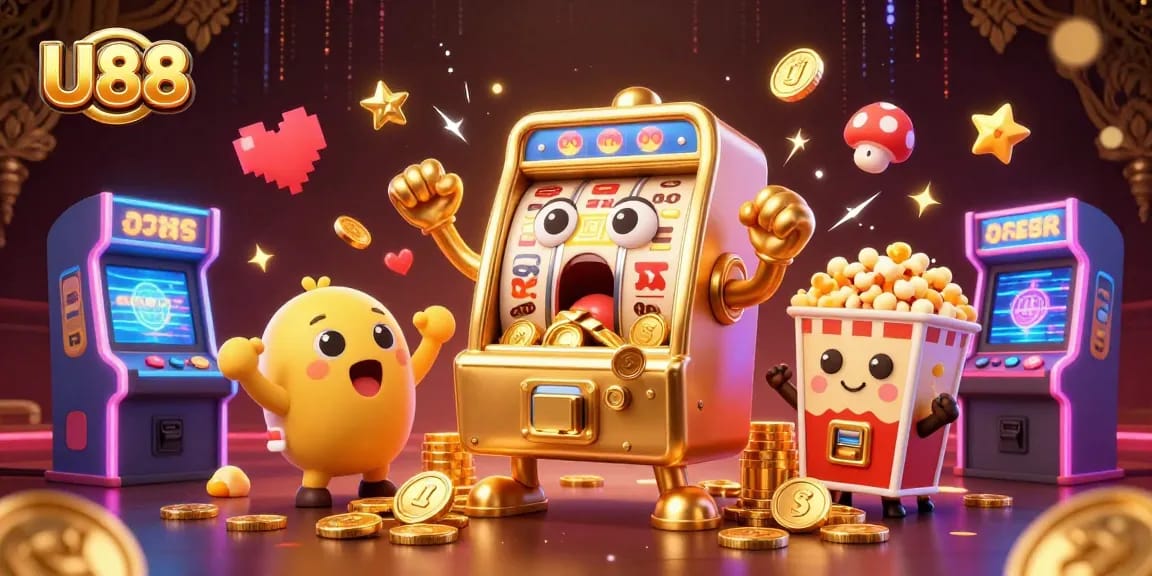 Win big with U88's exhilarating slot machines and classic arcade game elements in a vibrant casino setting.