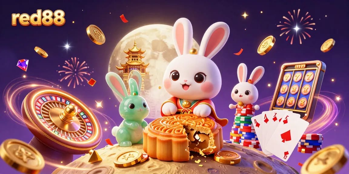 Join the red88 casino excitement with a festive scene showcasing a rabbit preparing mooncakes revealing poker chips.