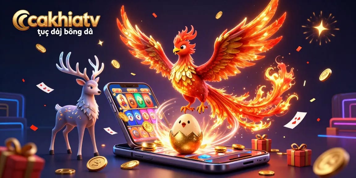 Watch cakhiatv trực tiếp bóng đá with vibrant gambling elements in an animated illustration.