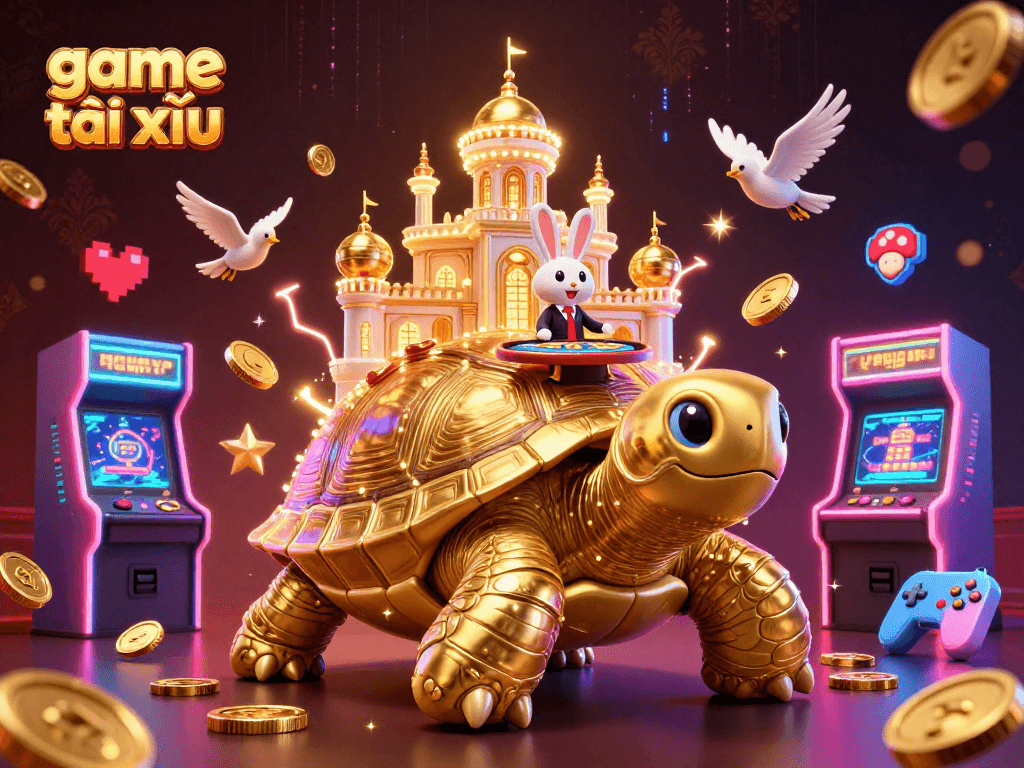 Engage in game tài xỉu at a vibrant casino with a golden tortoise and lively rabbit dealer amid glowing arcade elements.