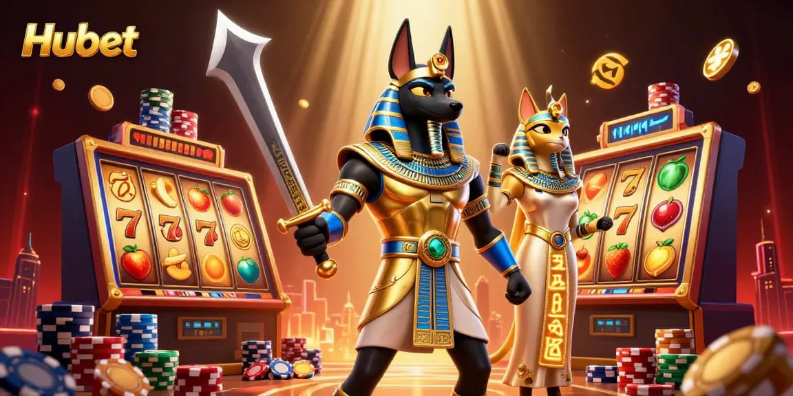 Experience the vibrant world of Hubet with a packed scene featuring ancient warriors and slot games.