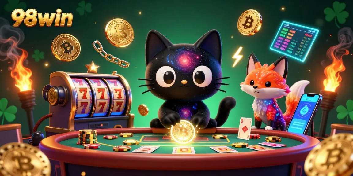 Win big with 98win in this vibrant cosmic casino scene featuring playful characters and game elements.