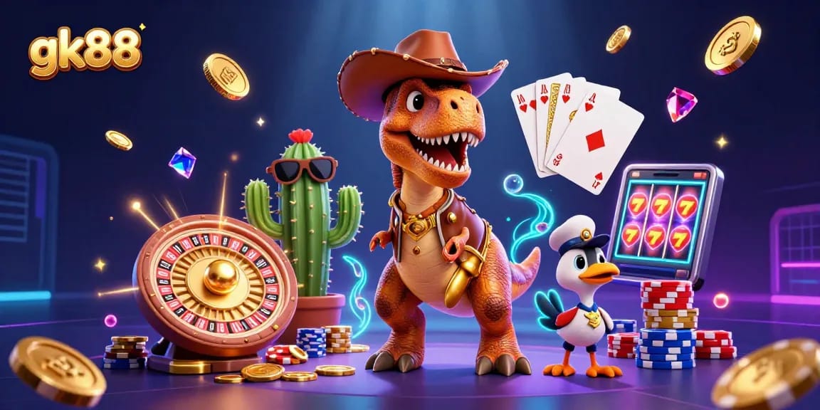Spin the reels at gk88 with a cowboy T-Rex and friends among dazzling casino elements.
