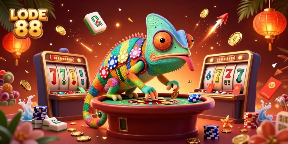 Engage with LODE 88 at the vibrant casino, featuring colorful chameleon characters and immersive game elements.