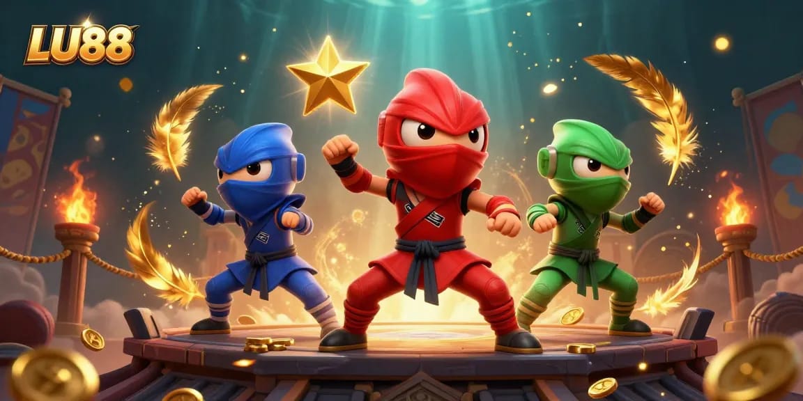 Engage with LU88's thrilling casino experience featuring vibrant chameleon ninjas in action.