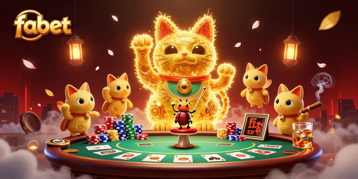 Experience fabet's vibrant gaming scenes with a lucky cat symbolizing fortune amidst poker excitement.
