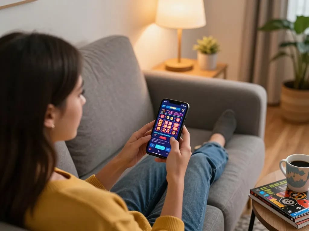Player enjoying ta88 mobile app for live roulette and slots in a cozy home setting