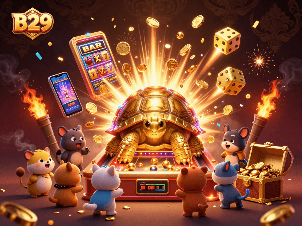 B29 slot players enjoy a thrilling jackpot explosion and vibrant casino games in a colorful 3D scene.