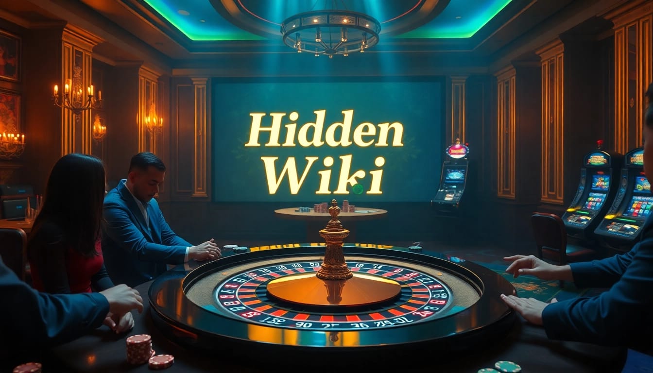 The hidden wiki displayed in a luxurious casino setting, featuring roulette and poker elements.
