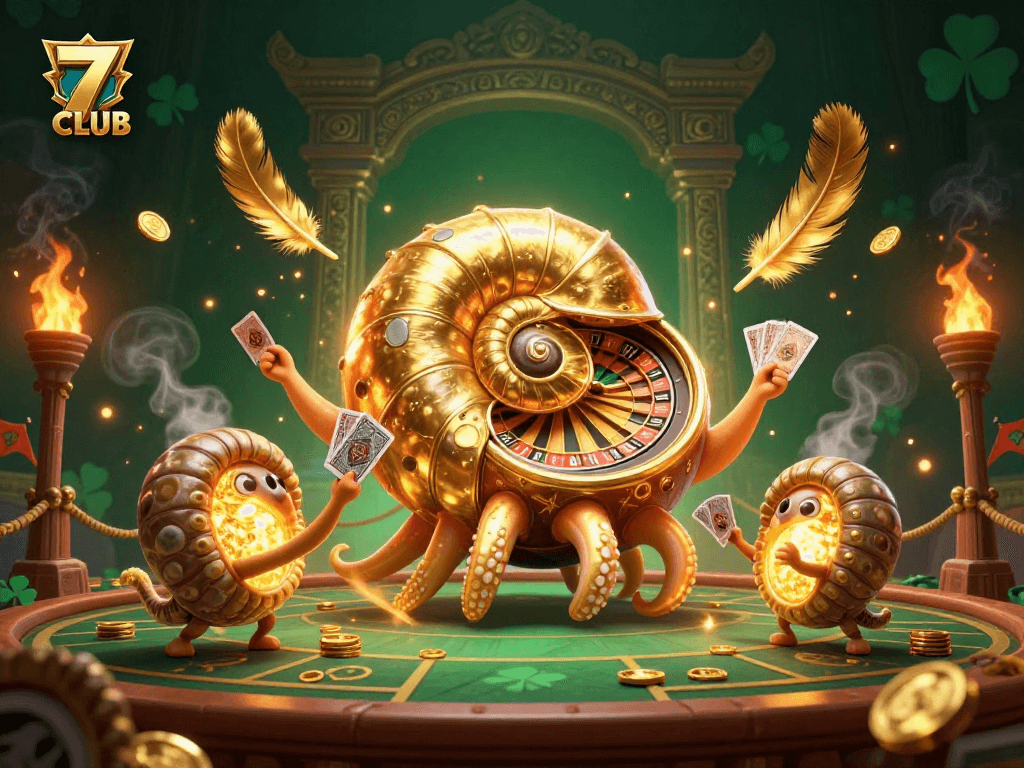 Experience the thrilling 7CLUB casino world with a dazzling 3D illustration of an ancient giant nautilus in action.