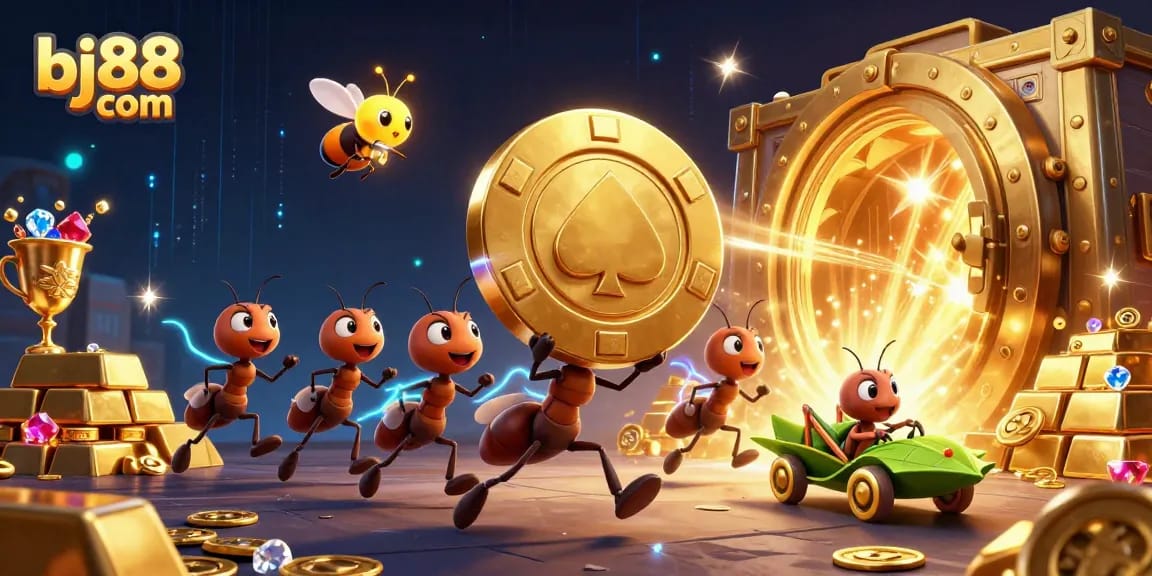 Experience the thrilling adventure of bj88 com with cartoon ants carrying a golden poker chip in a vibrant casino heist.