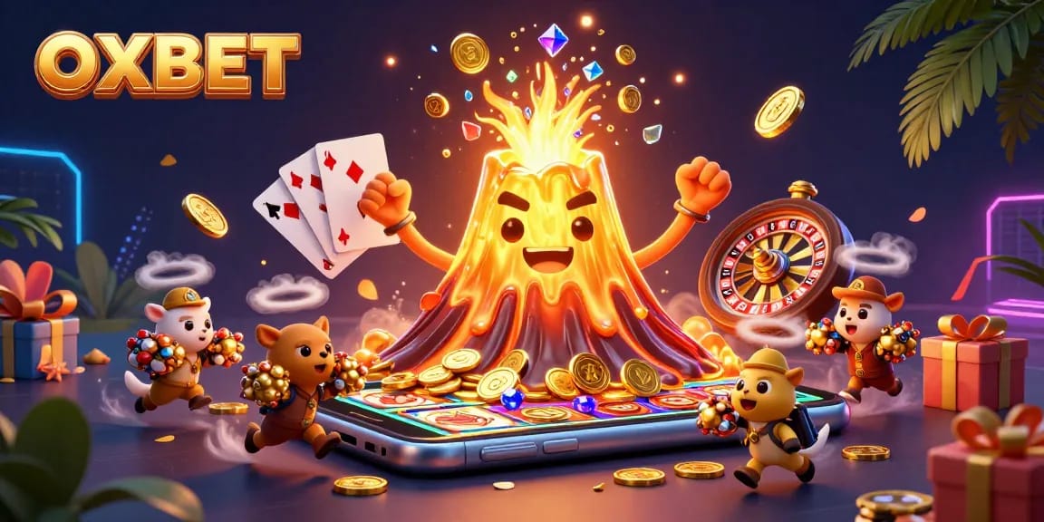 Experience exhilarating gaming with OXBET's vibrant, cartoonish casino illustration.