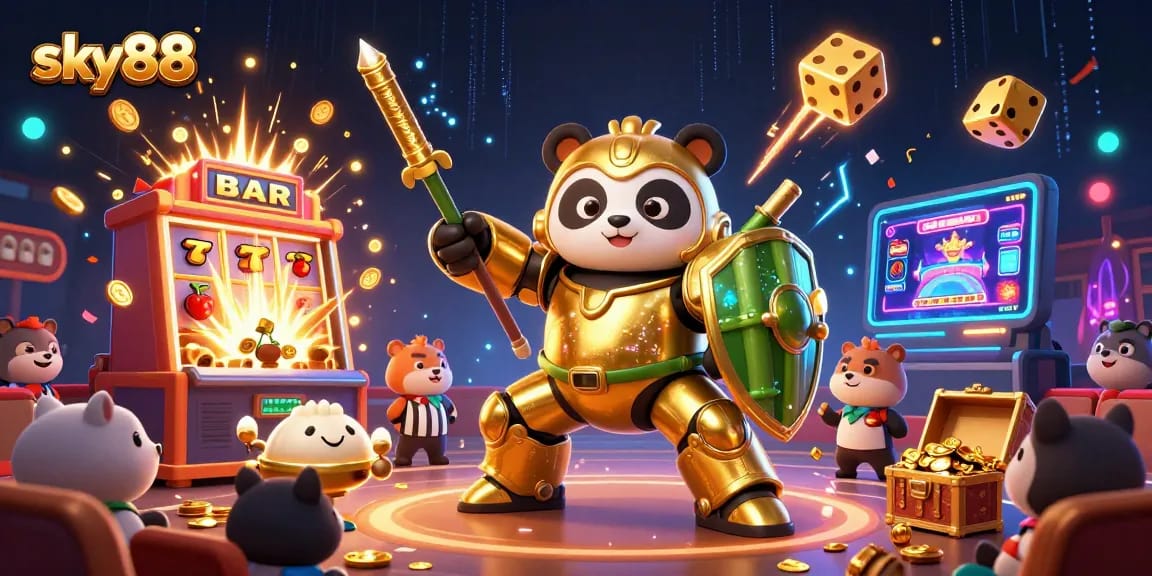 Experience sky88 excitement with a golden panda mech battling around a slot machine and awards