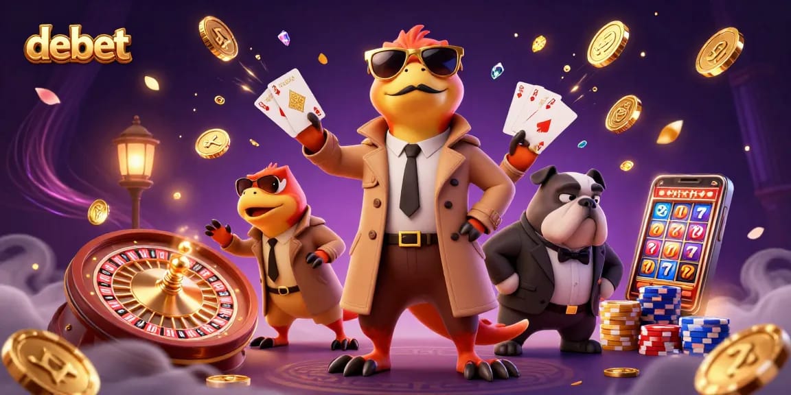Experience the thrill of debet gaming with cartoon raptors in a trench coat entering a casino lounge.