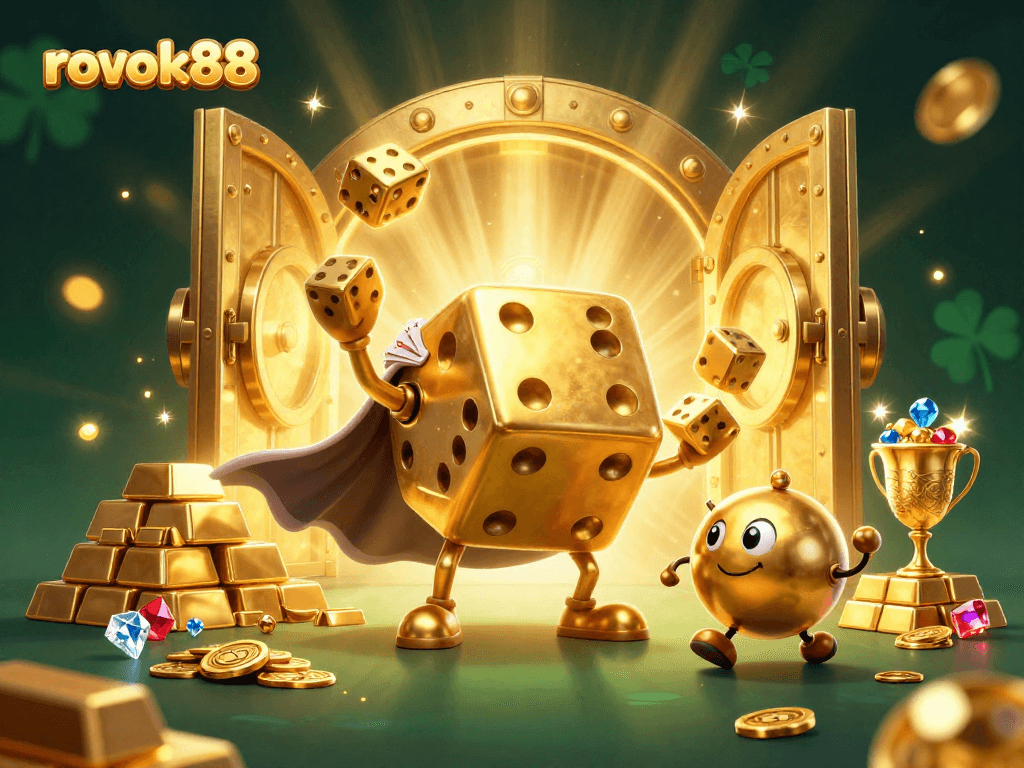 Experience the excitement of rokok88 with a golden dice golem and casino treasures in a vibrant 3D illustration.