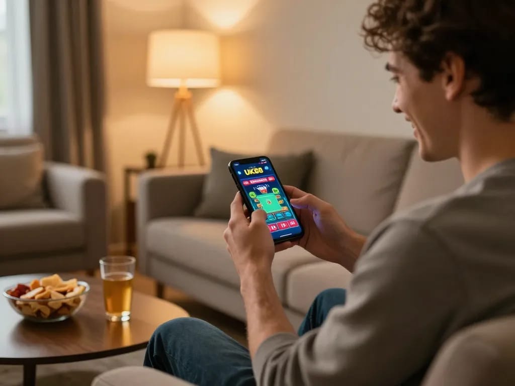 Player engaging with the UK88 casino app on smartphone, depicting a lively online gaming atmosphere.