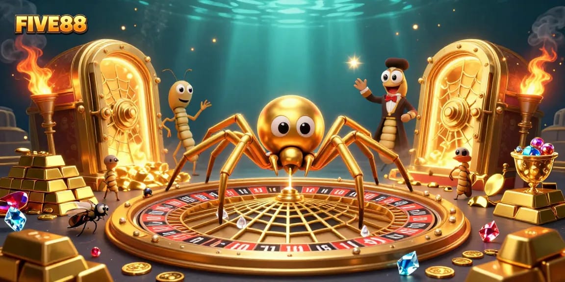 FIVE88 showcases a thrilling betting scene with a spider and croupier in a vibrant casino illustration.