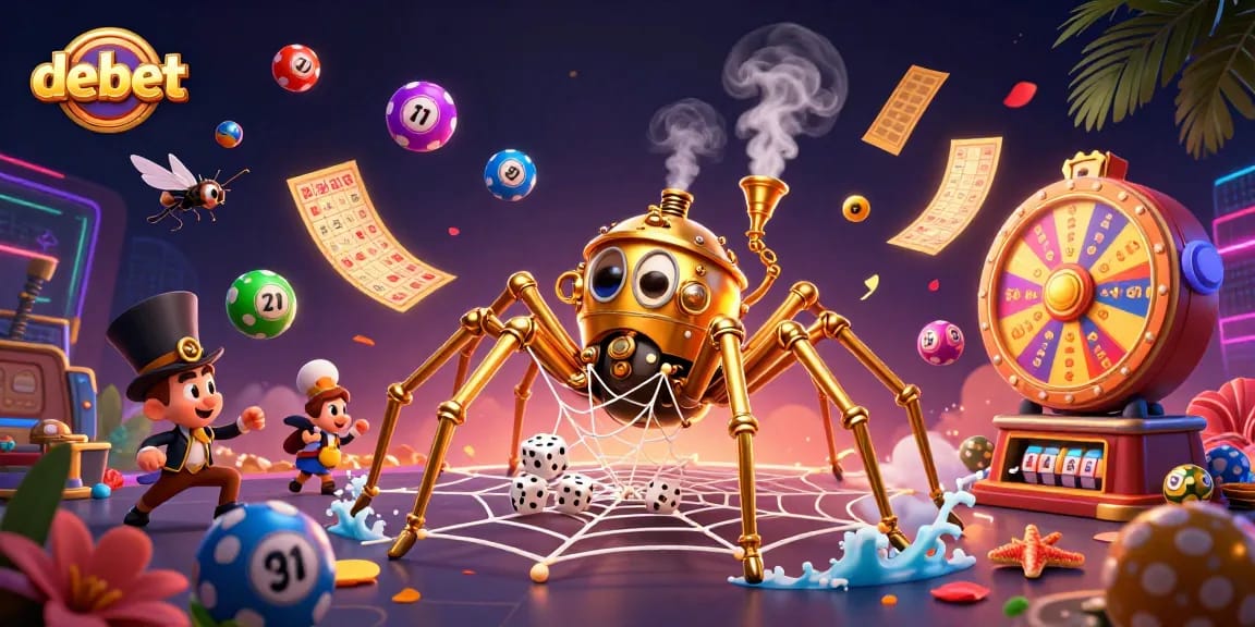 Engage with debet's exciting atmosphere featuring a golden spider, dice, and lively lottery elements.