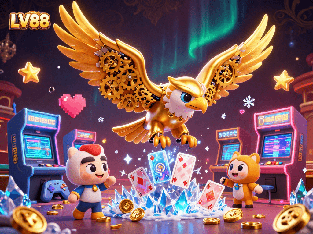 Experience thrilling gameplay with LV88, showcasing a cybernetic eagle amidst holographic casino elements.