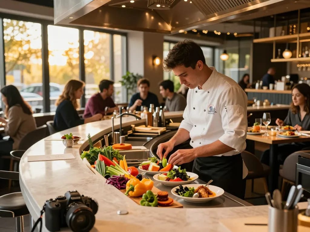 Chef preparing dishes at RED88 restaurant with fresh ingredients in vibrant atmosphere.
