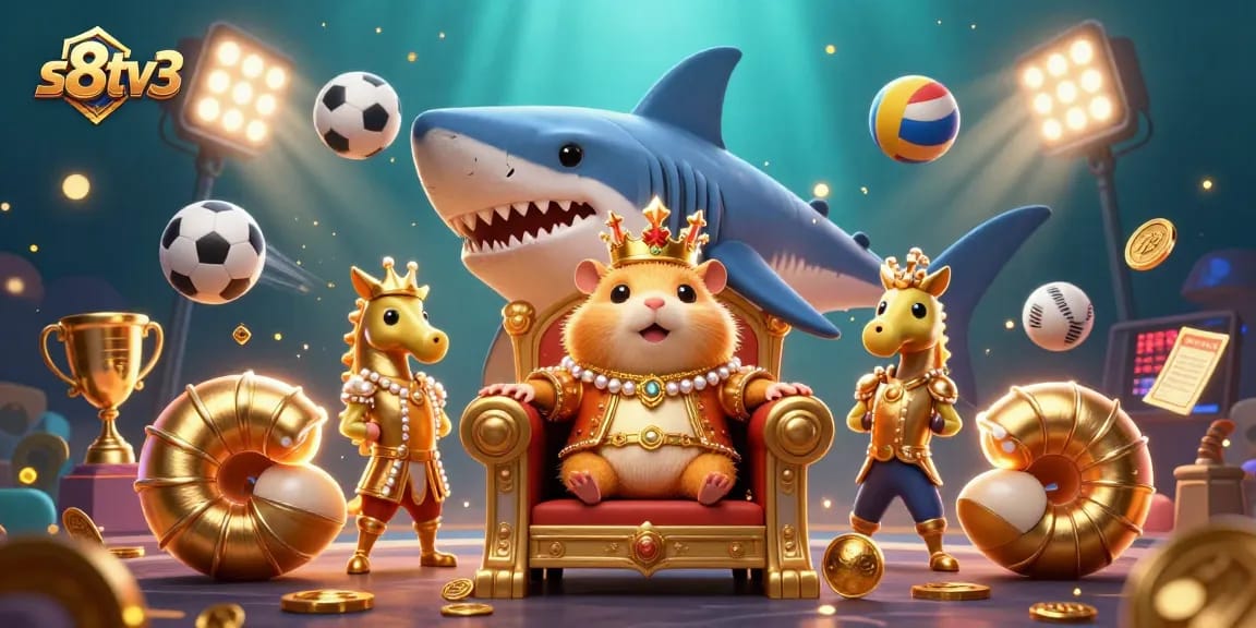 S8TV3 sports betting scene with dynamic elements and a golden hamster king on a megalodon throne
