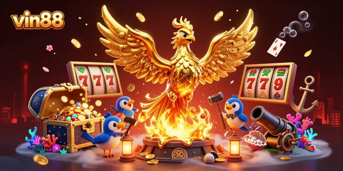 Engage with exciting slots at vin88 with a stunning illustration of a golden phoenix and casino elements.