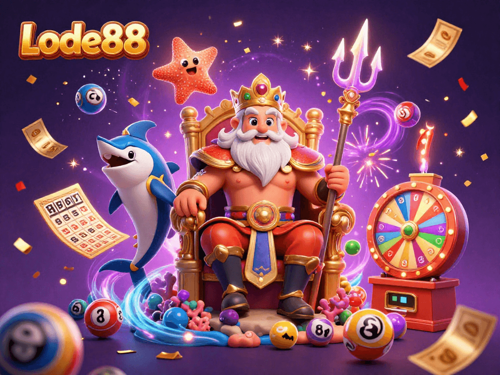 Lode88 King Neptune oversees a vibrant lottery celebration filled with colorful elements and dynamic gaming excitement.
