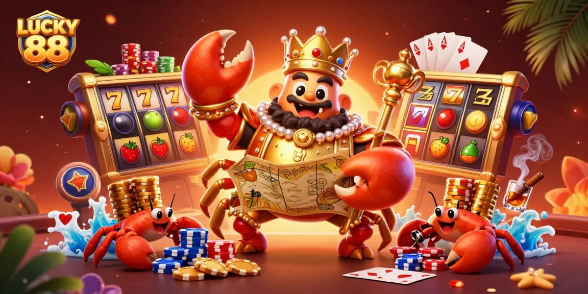 Play the LUCKY 88 slot game with vibrant scenes featuring a golden crab emperor and casino elements.