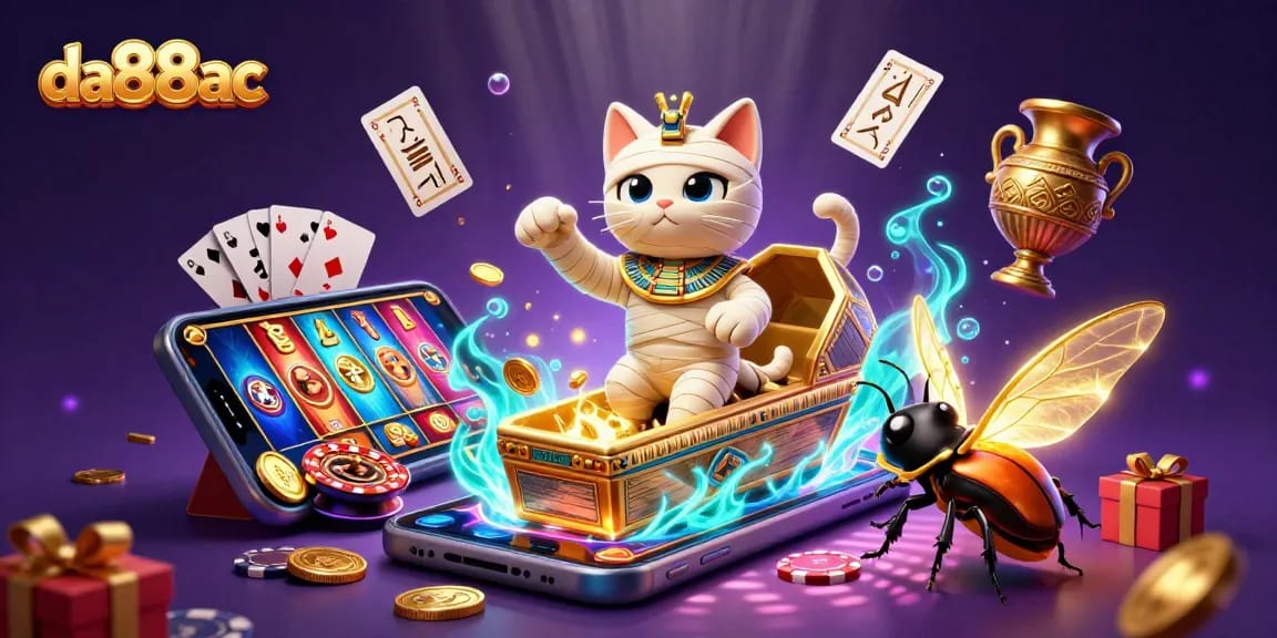Engage in thrilling gameplay at da88ac with a dynamic casino scene featuring a mummy cat and glowing scarab.