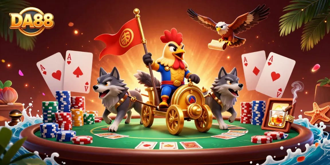 Experience the thrill of DA88 with a cartoon rooster warlord in a vibrant casino scene.