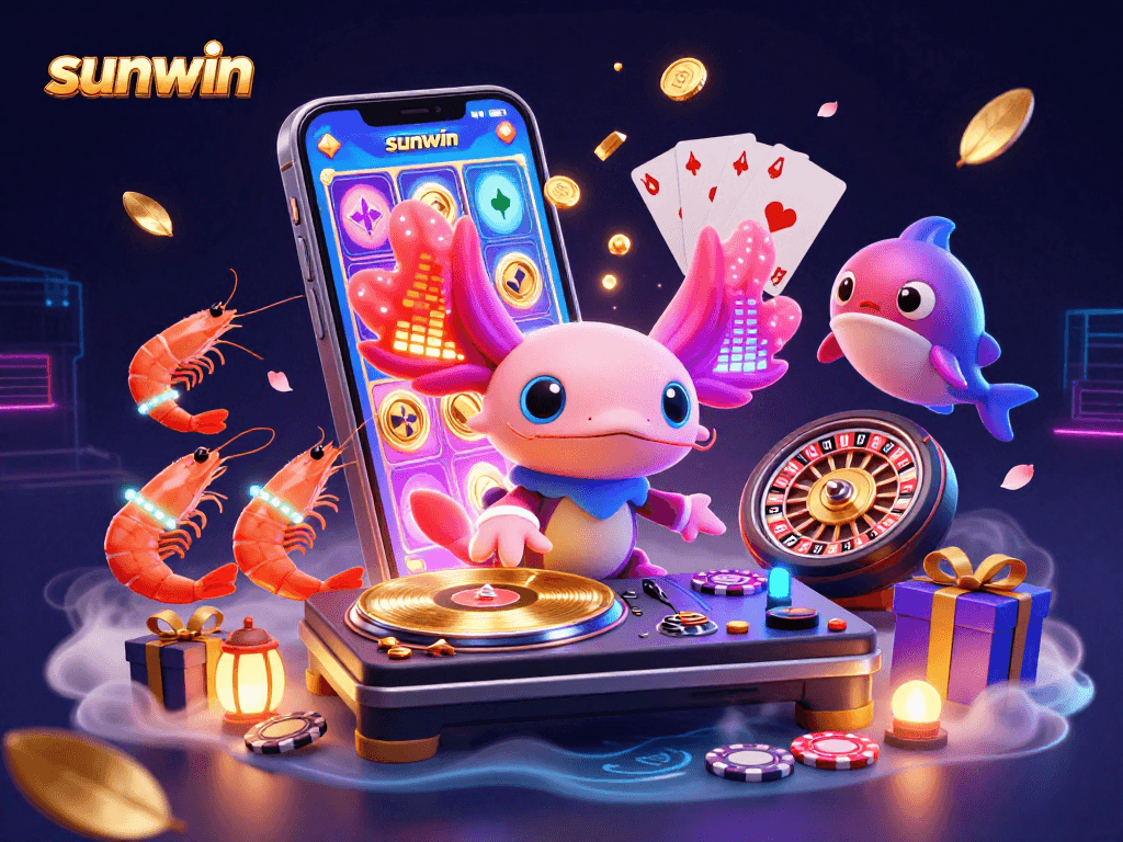 Engage in thrilling slot action with sunwin's vibrant 3D casino illustration featuring an energetic axolotl DJ.