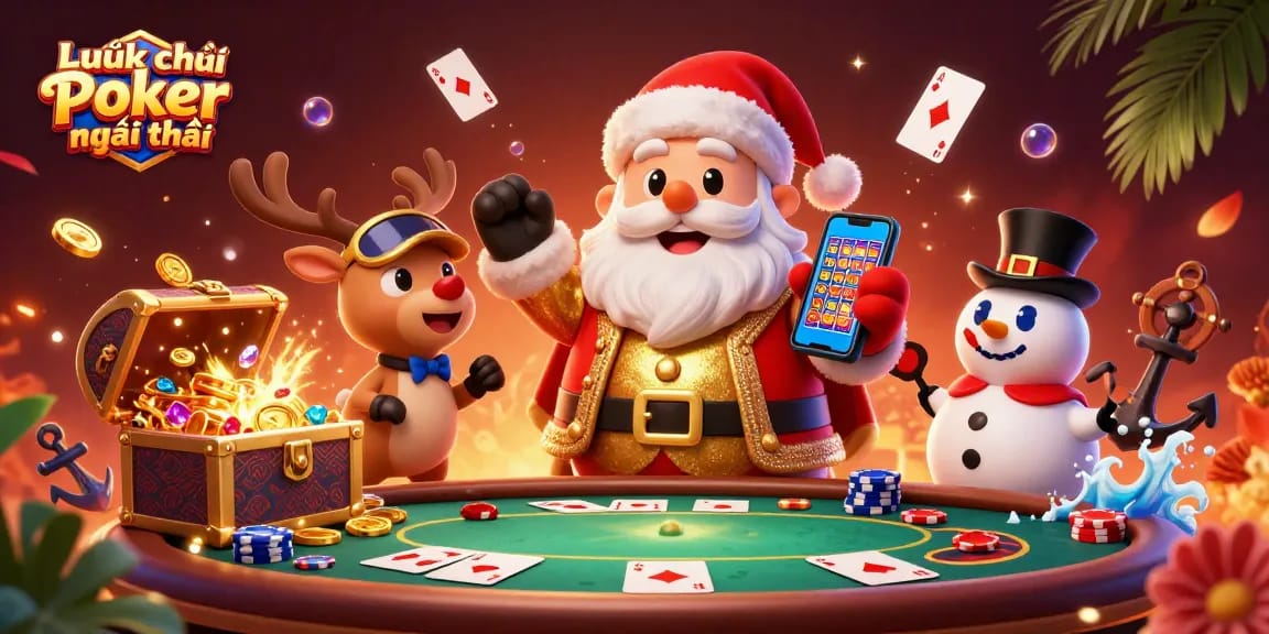Experience Luật chơi Poker mới nhất with our vibrant casino scene featuring festive characters and elements.