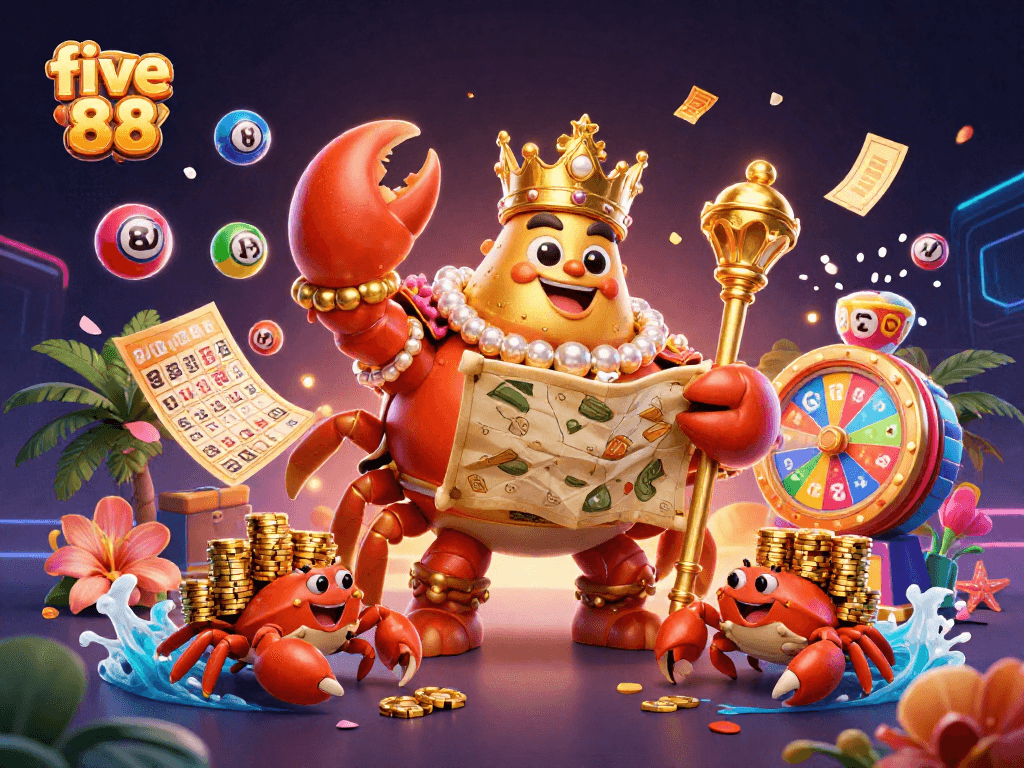 Experience a vibrant five 88 online casino scene with animated lottery elements and a golden crab emperor.