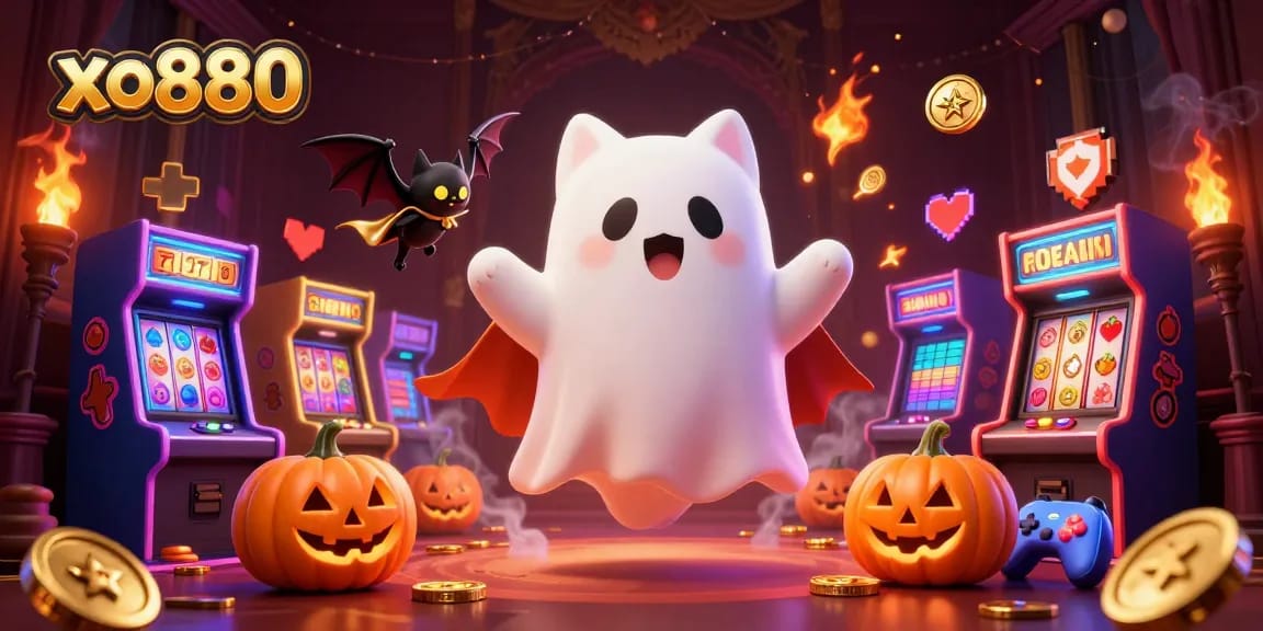 Experience the thrill of xo880 with ghost cats and vibrant slot reels in a haunted casino!