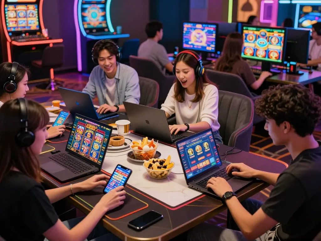 Engaged players enjoying games on https://bl555.productions/ with lively atmosphere and digital interfaces.