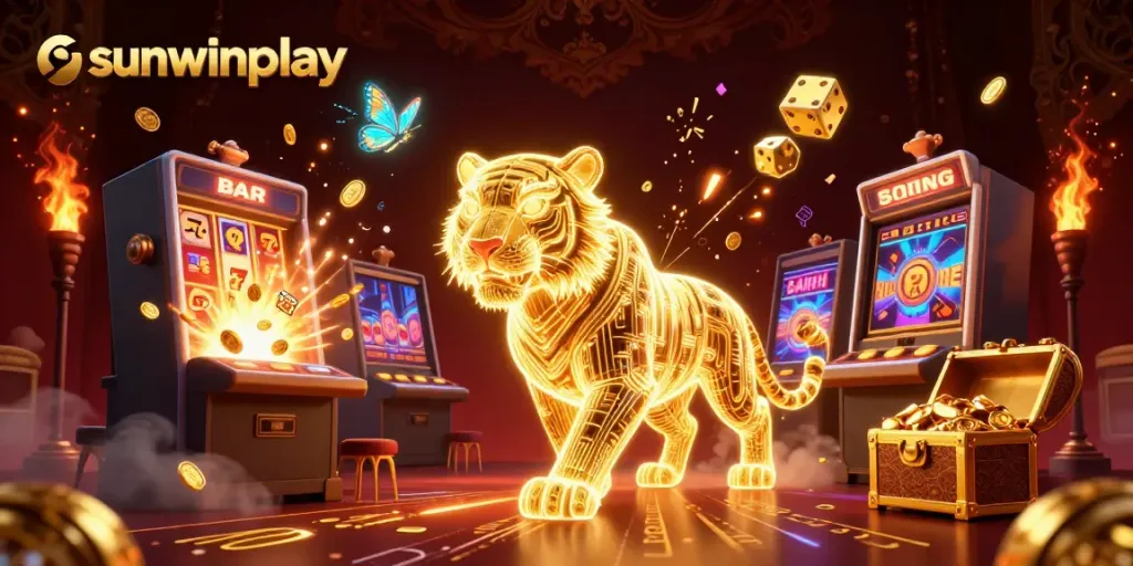 Experience sunwinplay excitement with a golden tiger amidst a jackpot explosion in a digital casino.